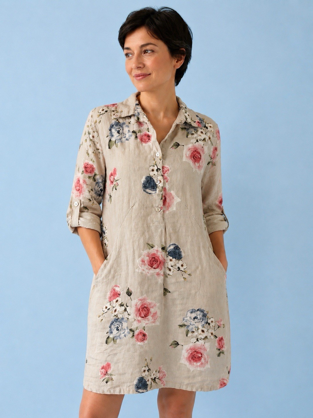 OSO Casuals Linen Lagen Look Casual XS Loose Fit Dress Antique Roses 3/4 Sleeve