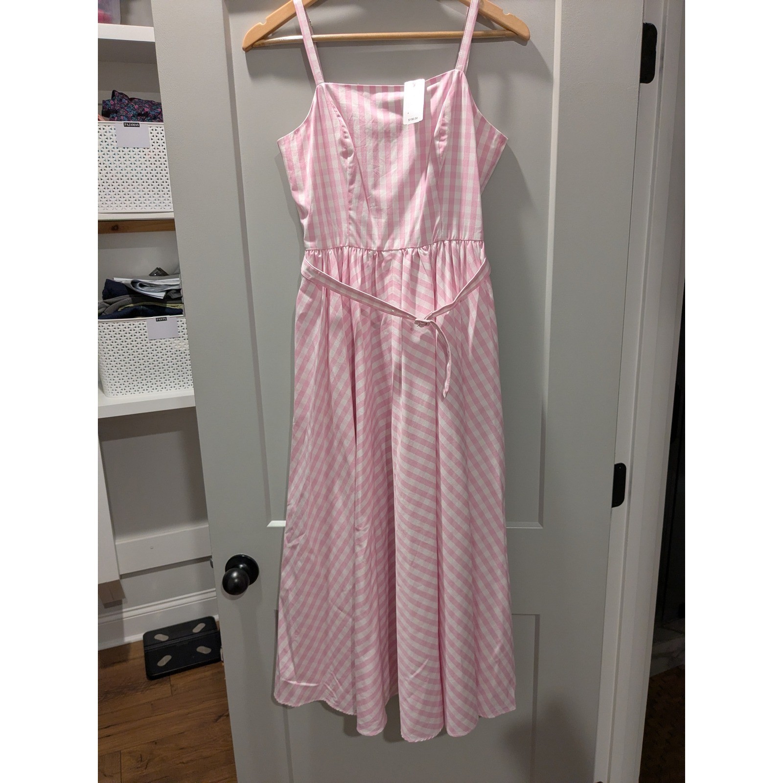 Brooks Brothers Pink Gingham Maxi Dress Square Neck Smocked Back Tie Belt Size 4