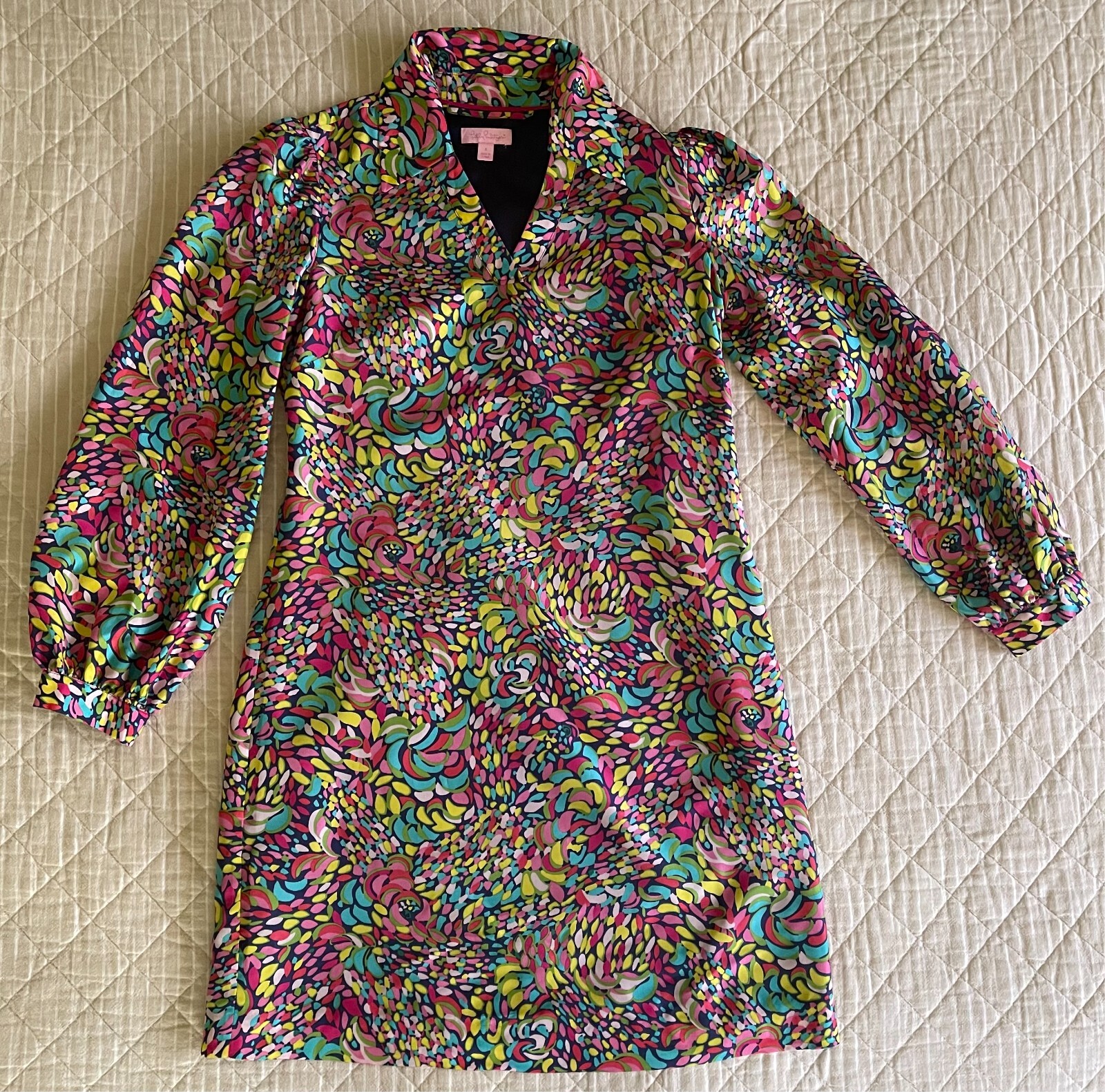 Lilly Pulitzer Blue Pink Yellow Green Red Collared Long Sleeve Silk Dress Size 4