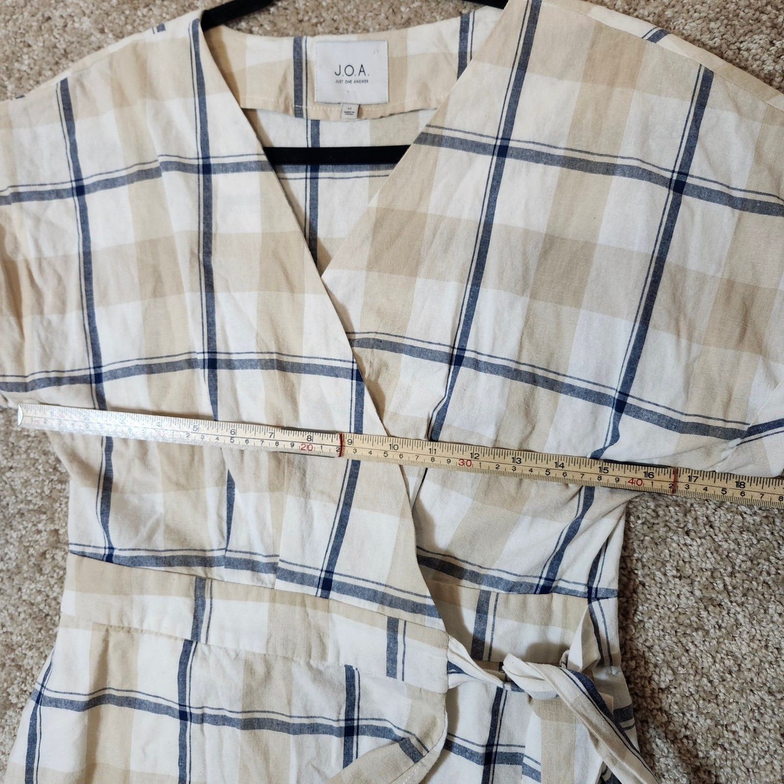JOA Wrap Dress Tan Navy Blue Plaid Ruffle Hem Preppy Size M
