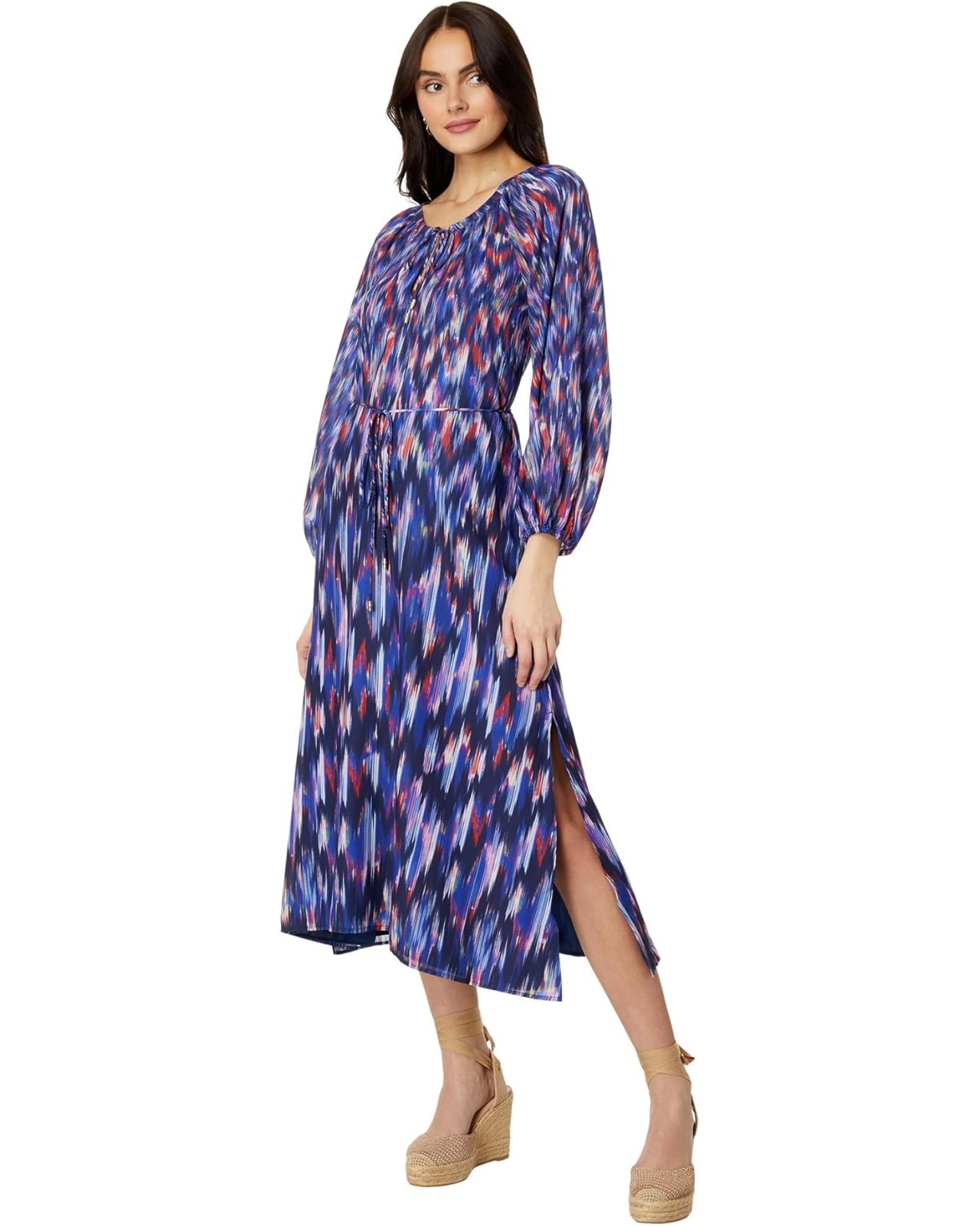 Tommy Bahama Ikat Midi Dress Women XS Modest Wedding Guest Patriotic Belted Navy