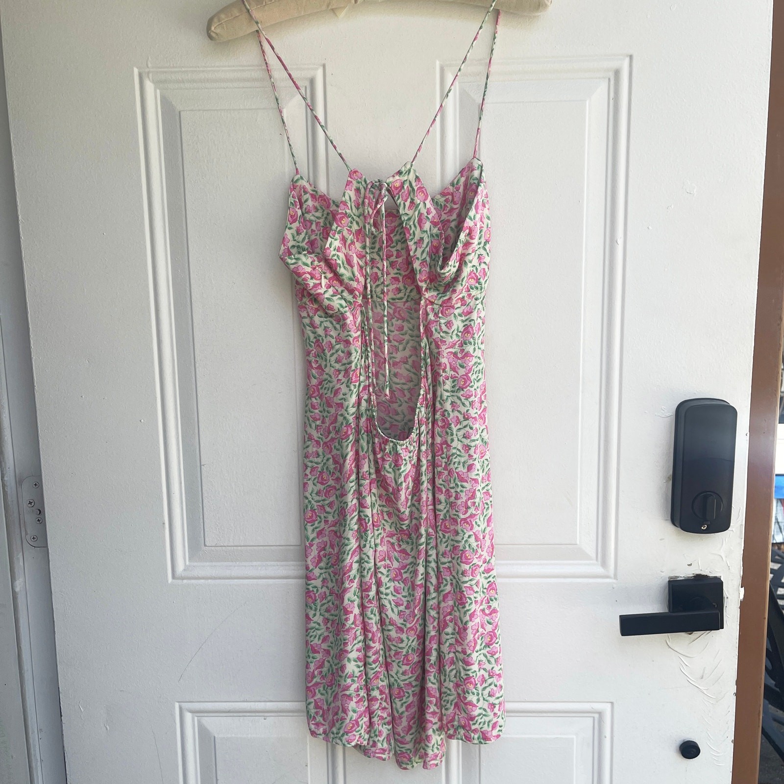 Zara Floral Open Back Mini Dress Pink Green 100% Viscose Tie Back Size XL