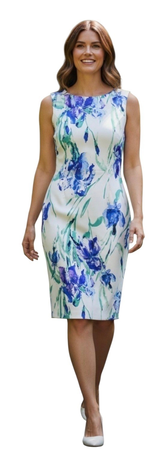 Alyx Sleeveless Knee-Length White Floral Purple Blue Stretch Sheath Dress 10