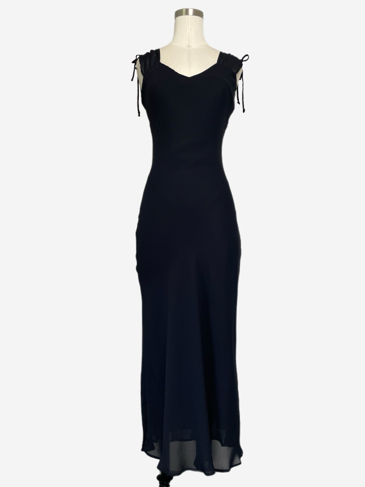 Vintage Y2K Lapis Black v-neck sheer strap layered midi dress minimalist bow XS