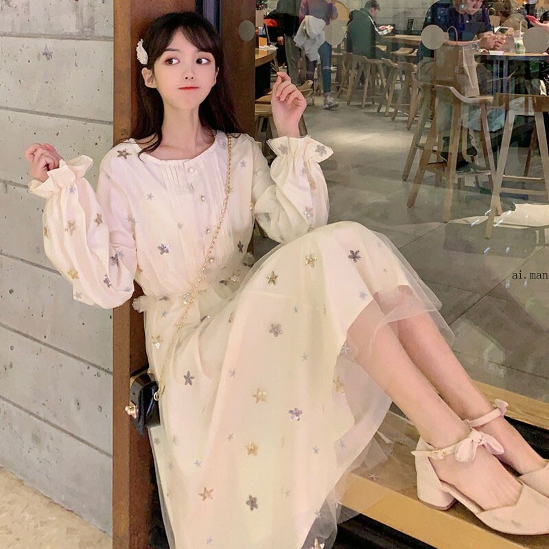Lady Midi Mesh Dress Sheer Star Glitter Ruffle Long Sleeve Elastic Waist A-line