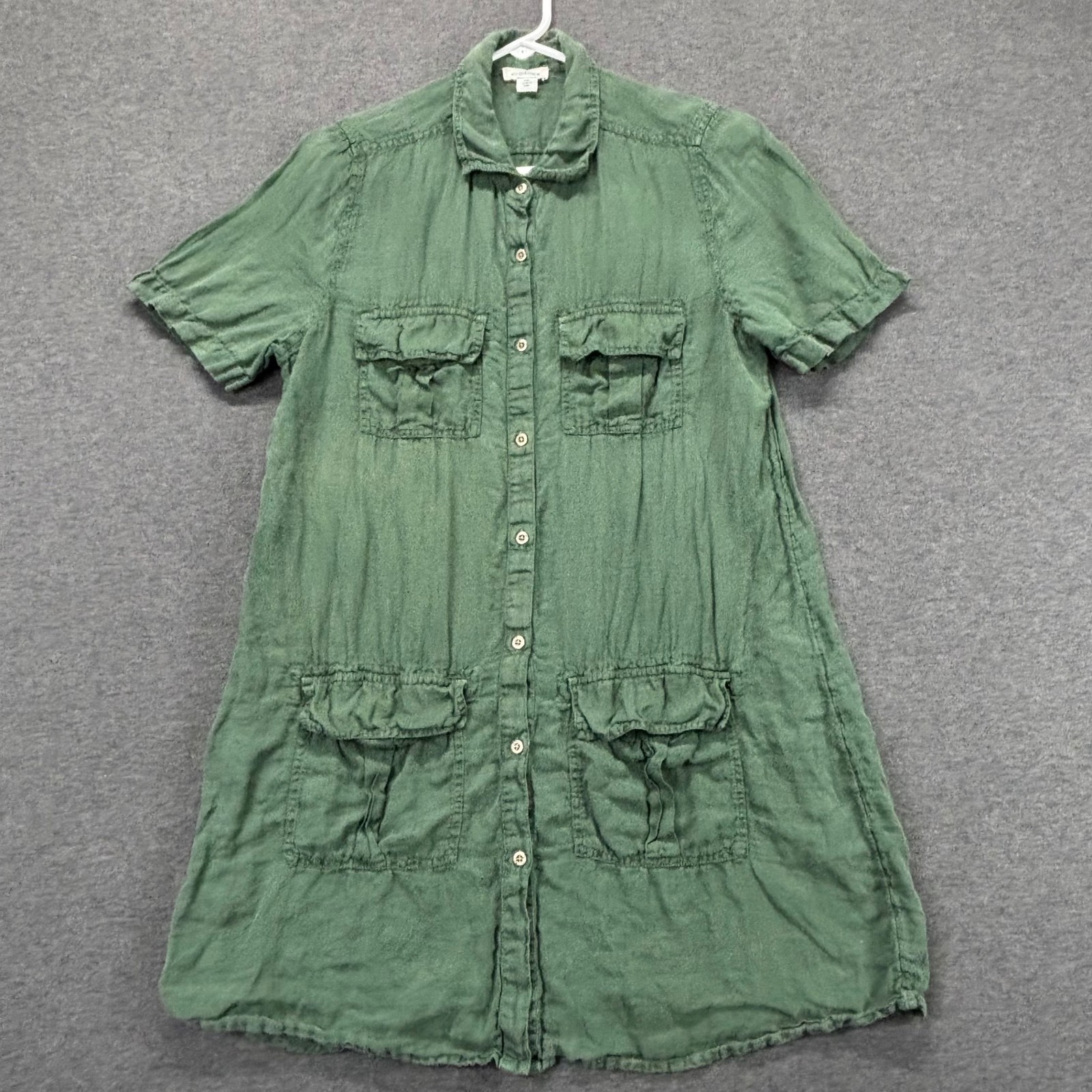Sundance Shirt Dress Womens PM Linen Button Front Utility Pocket Green Chore