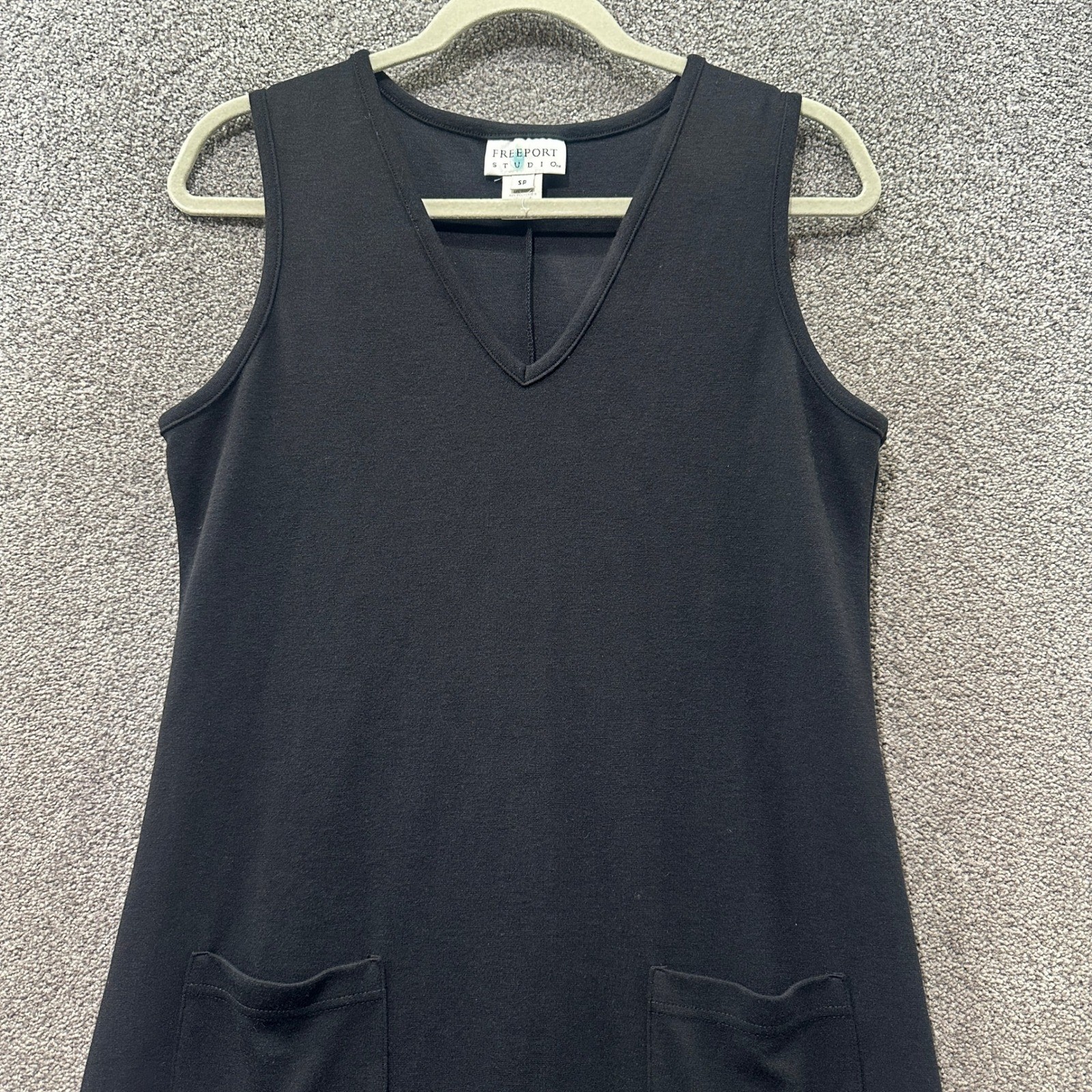Freeport Studio Midi Dress Small Petite Black Ponte Sleeveless V Neck Pockets