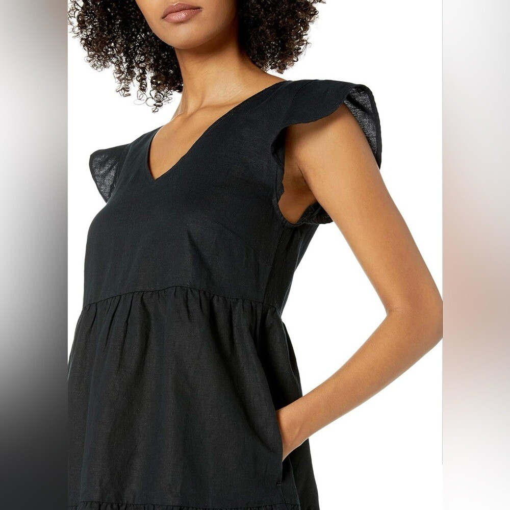 GOODTHREADS Linen Short Dress Black Mini Flutter Sleeve NEW V Neck Women’s Small
