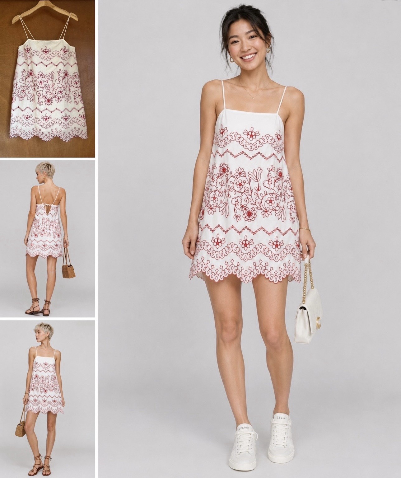 TRIXXI White Cotton Red Embroidered Strappy Sexy Mini Dress S Boho Festival Folk