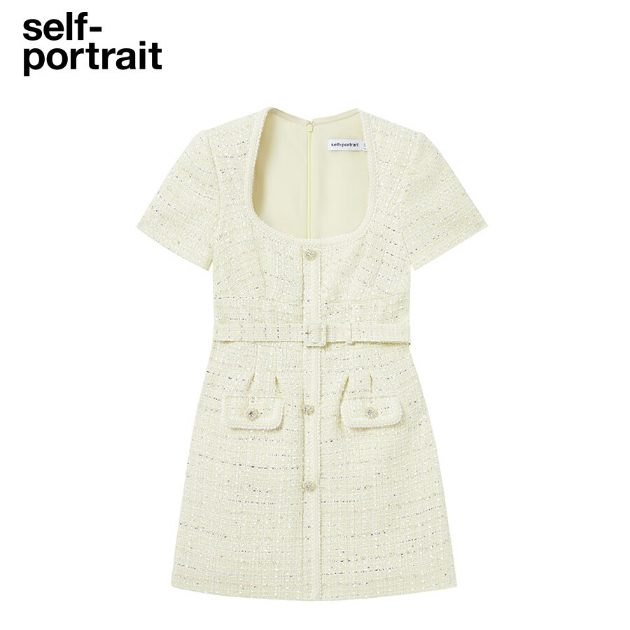 Self-Portrait Women’s Cream Yellow Square Neck Short Sleeved A-Line Short Dress