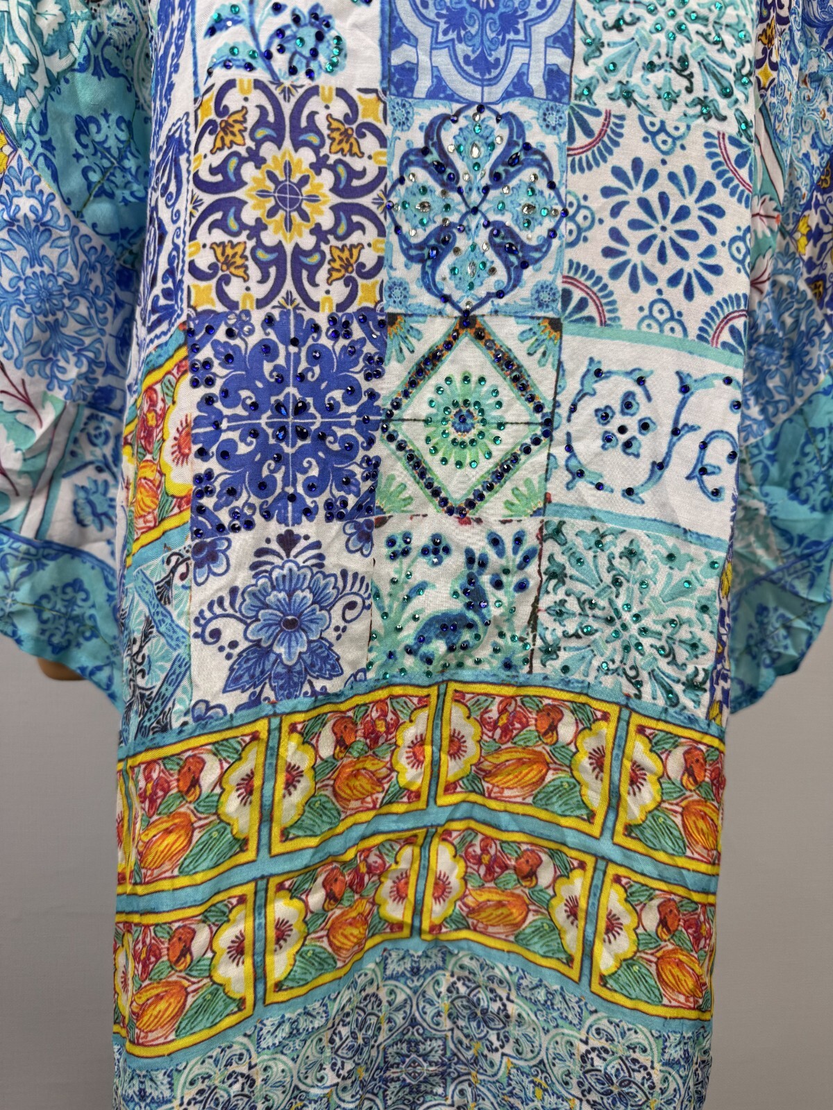 RUBY YAYA Multicolor Print Beaded Comfort Lightweight V-Neck Dress Sz S