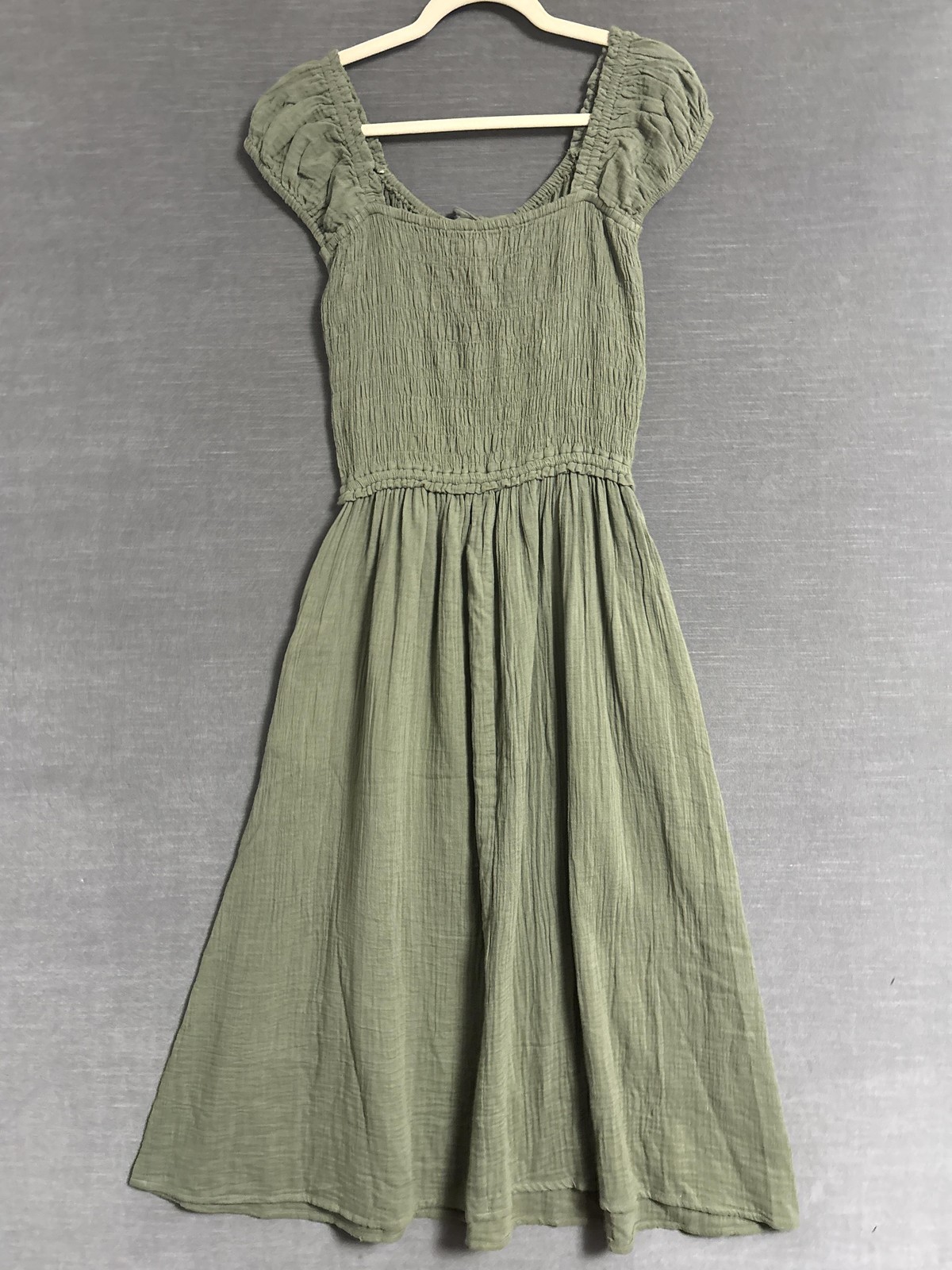 NEW Sim Sam Dress M Green Milkmaid Smocked Puff Gauzy Dainty Romantic Midi Maxi