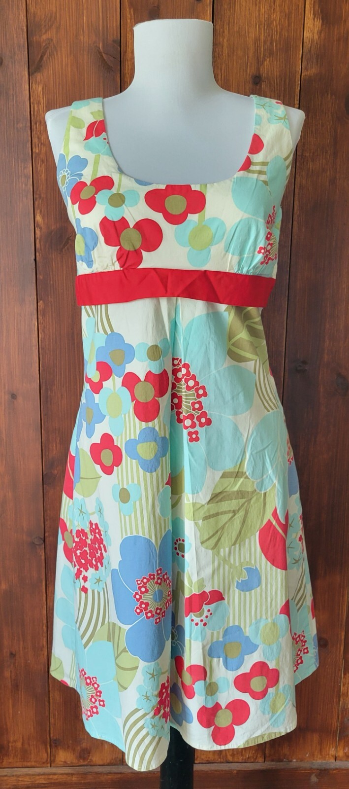 Junior 11 White Floral Summer Dress Empire Waist Red Buttons USA Made 60s Retro