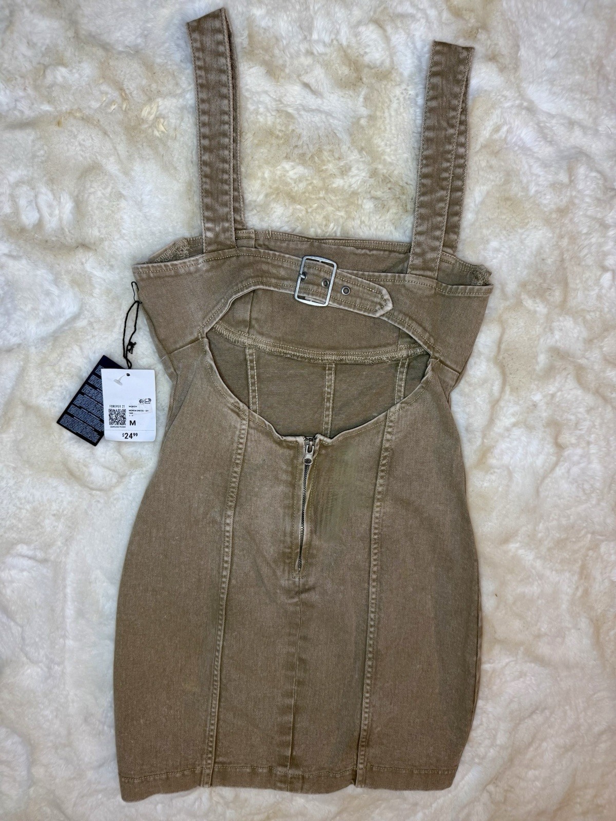 FOREVER 21 Tan Denim Overall Dress Size M Sleeveless Straps Buckle Zipper Cotton