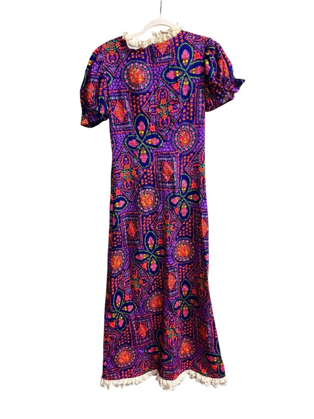 True Vintage 70s Handmade Psychedelic Prairie Maxi Dress Lace Boho Cottage S