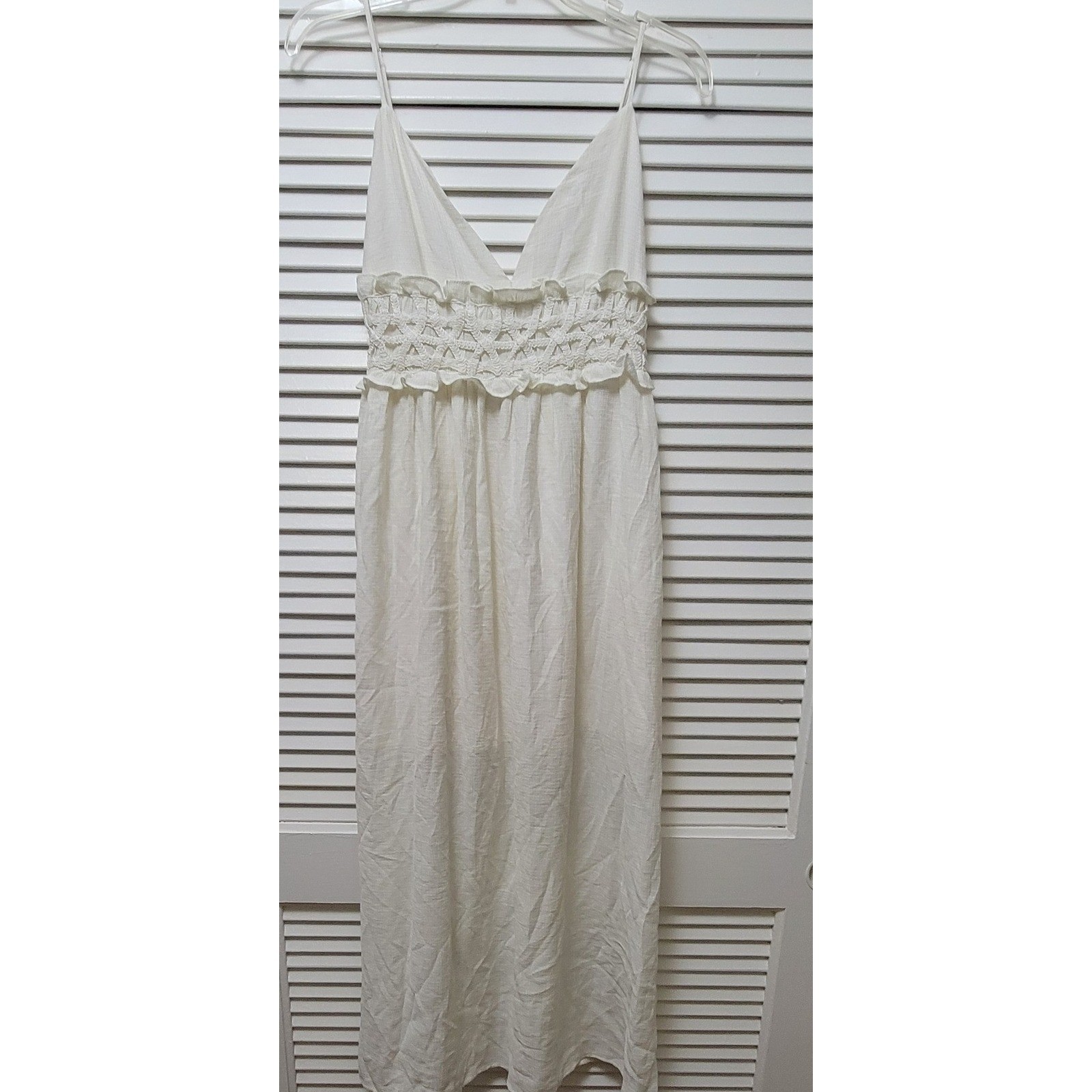 Y2K Boho White Crochet Empire Waist Max Dress Small Beachy Ruffle flowy feminine