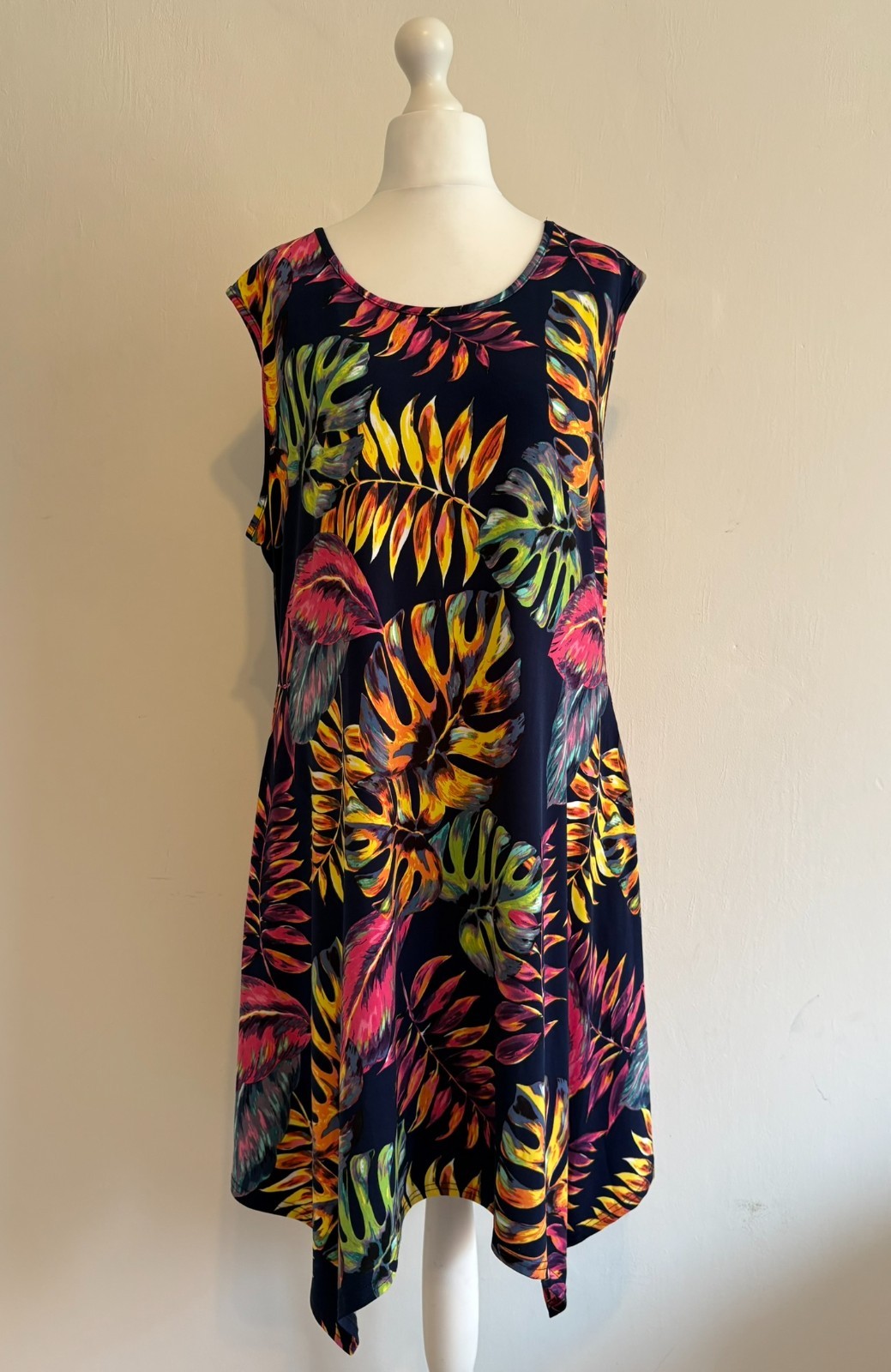Mitzy Dress Women’s UK 20 Blue Multicoloured Leaf Sleeveless Stretch Summer