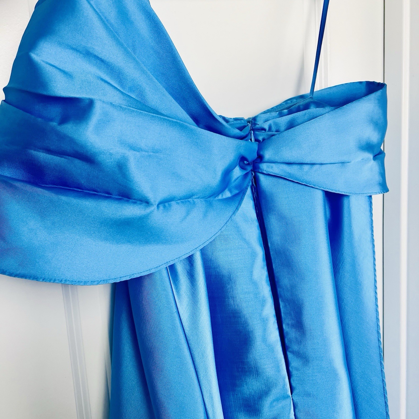 Hutch One Shoulder Bow Train Mini Dress 8 Medium Light Blue Satin High Low