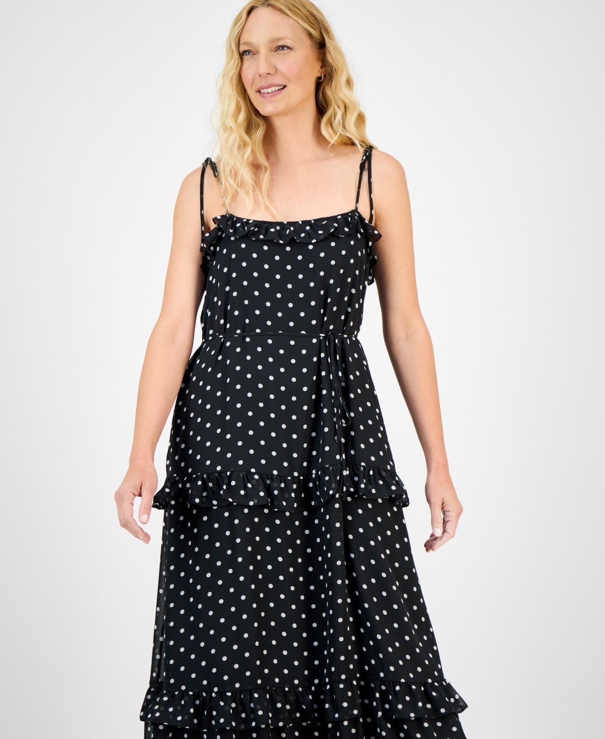 Julia Jordan Tie-Strap Ruffle-Tier Maxi Dress Women’s XL Black White Polka Dots