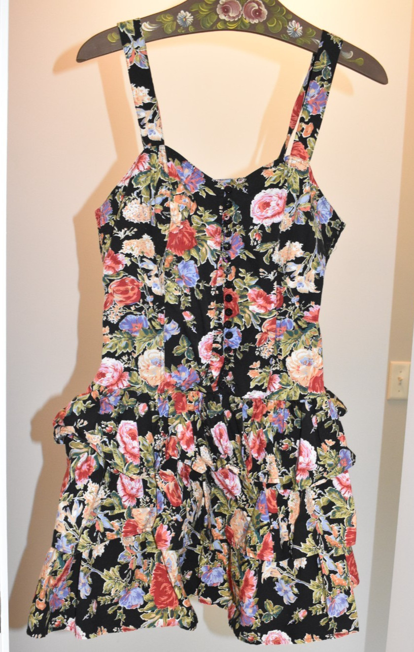 100% Cotton Botique Europa Retro Floral Short Ruffled Dress w/ Buttons Sz. M,P
