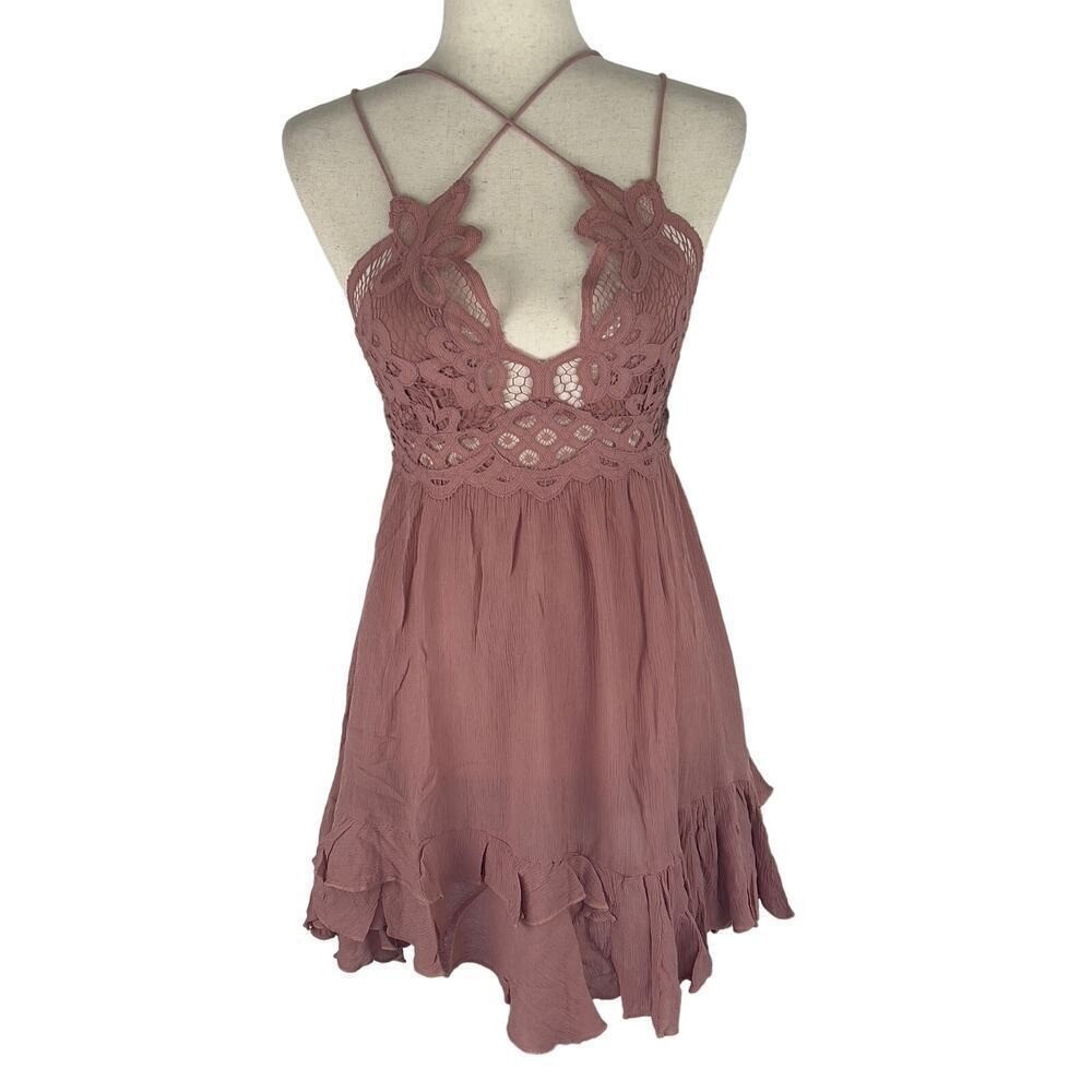 Free People Intimately Adella Lace Slip Mini Dress Mauve Pink Boho NWT XS