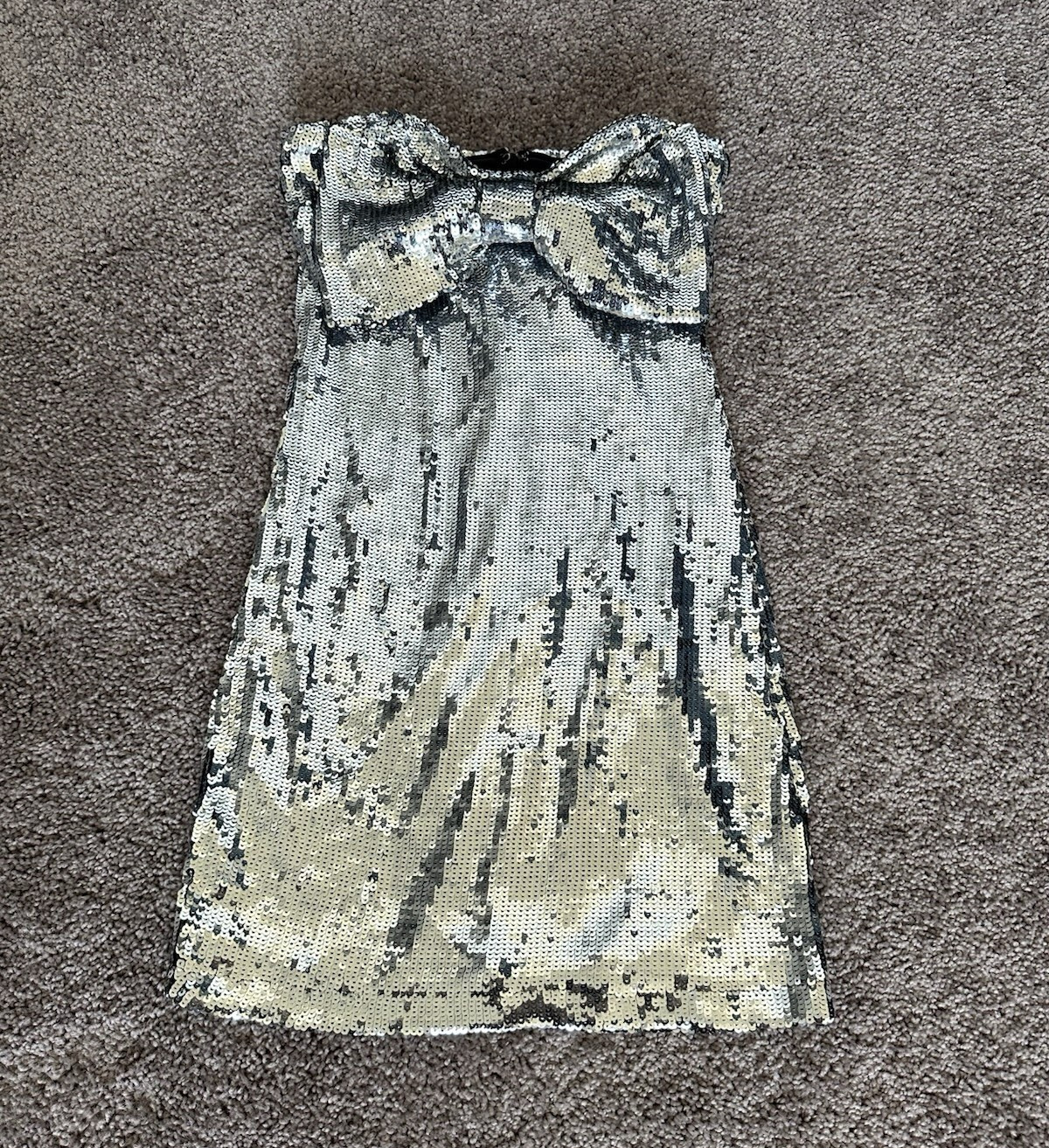 Women’s Silver Solid Sequin Strapless Bow Mini Dress, Size S, Party/Cocktail