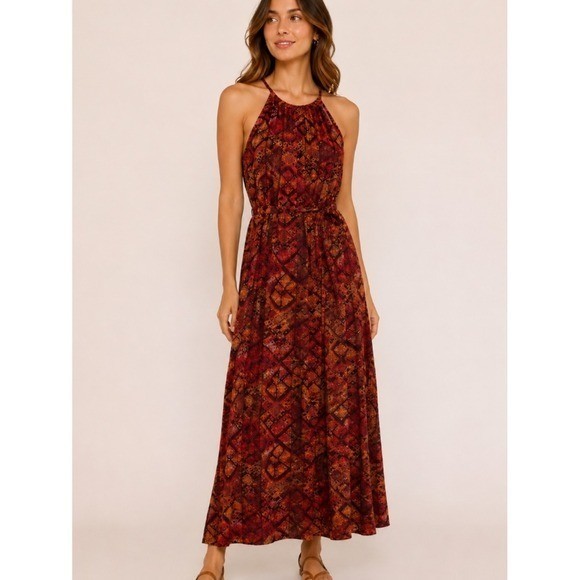 Enfocus Studio Geometric Print Halter Maxi Dress Tie Waist Boho Red Orange Sz 8