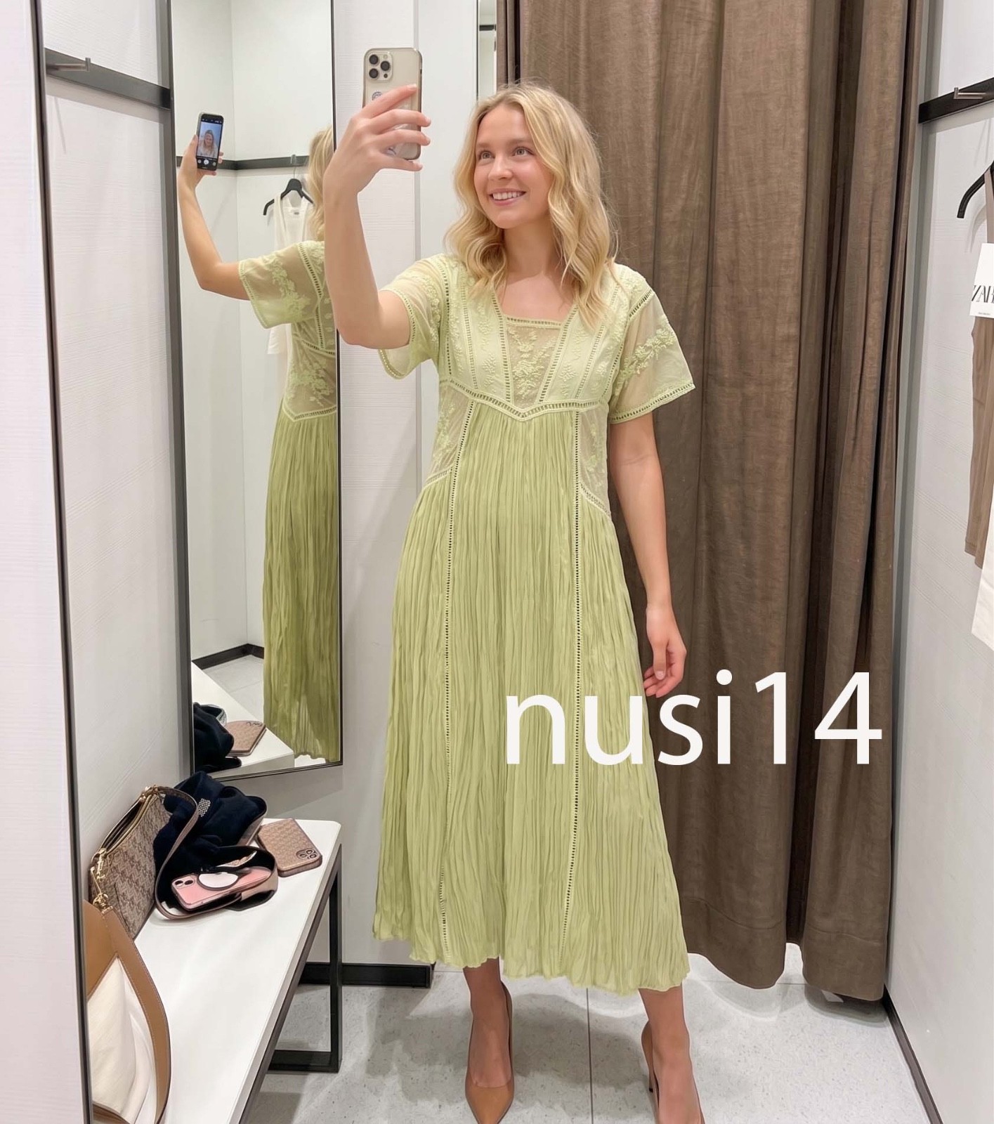 ZARA NEW WOMAN MIDI EMBROIDERED PLEATED DRESS ZW PISTACHIO XS-XL 7521/063/511