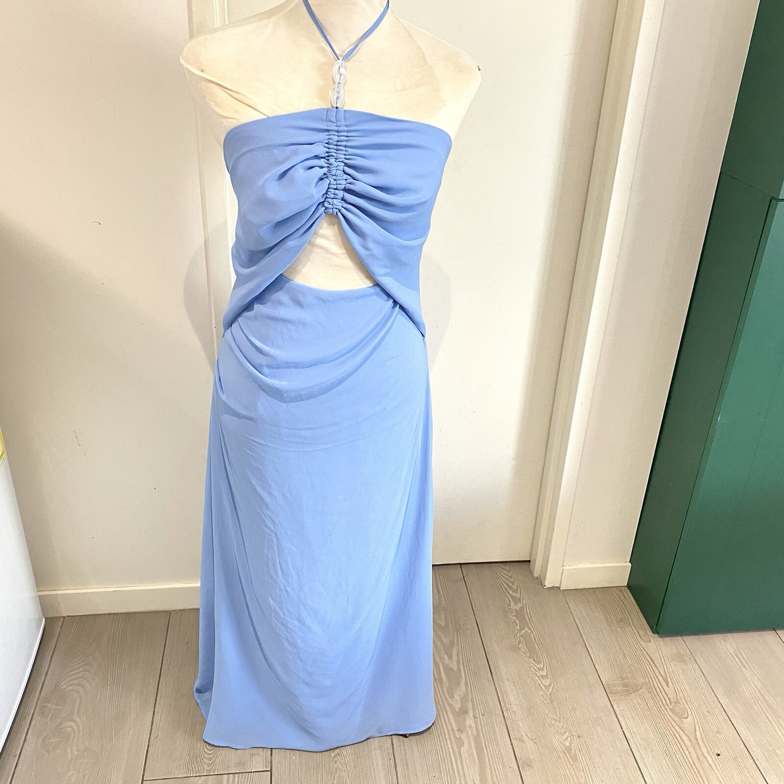 Kookai Dress Size 10 / 38 Light Blue Halter Neck BNWT RRP $250 Elsa Beaded Maxi