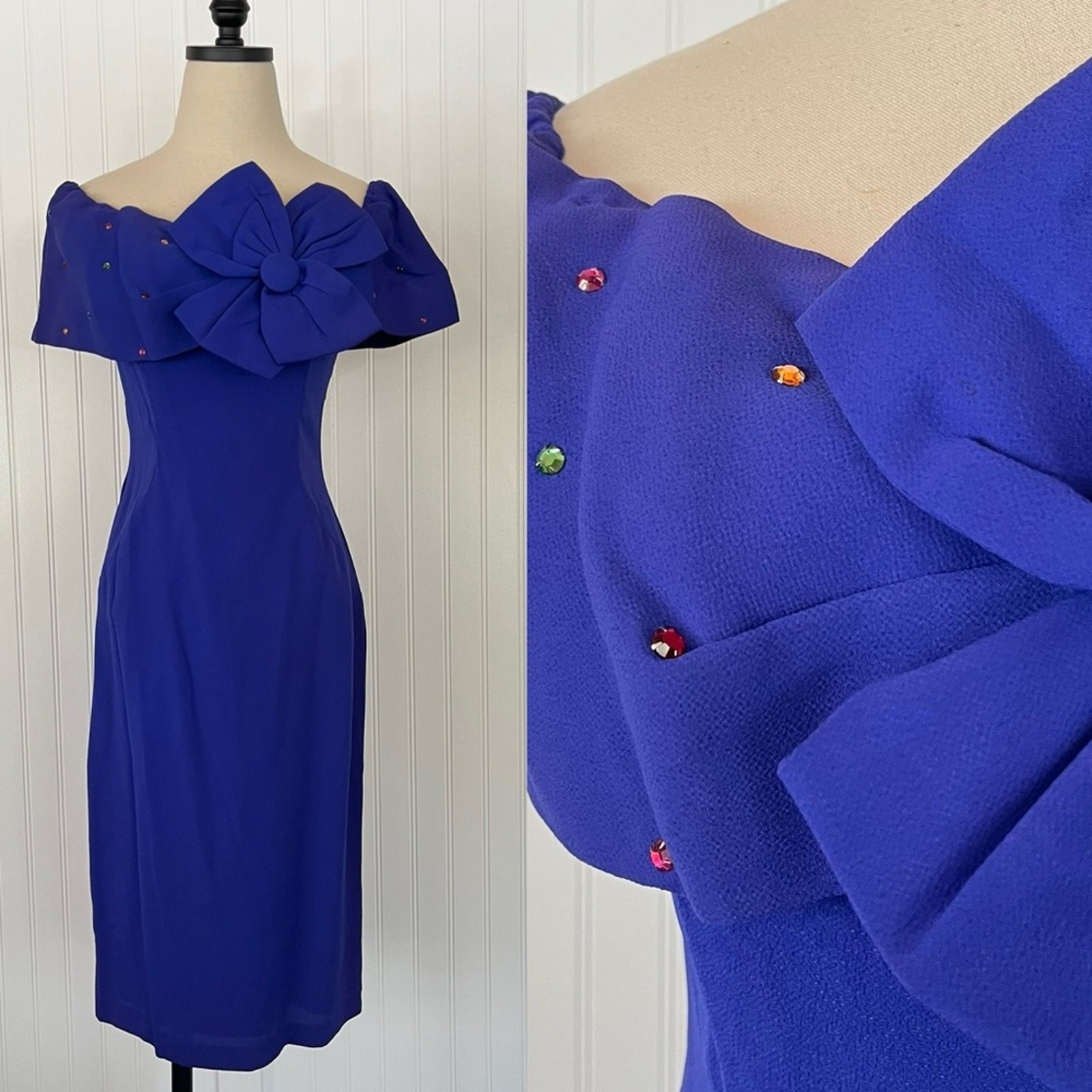 Vintage 80’s Purple Bow Prom Cocktail Dress Colorful Rhinestones Formal Sexy