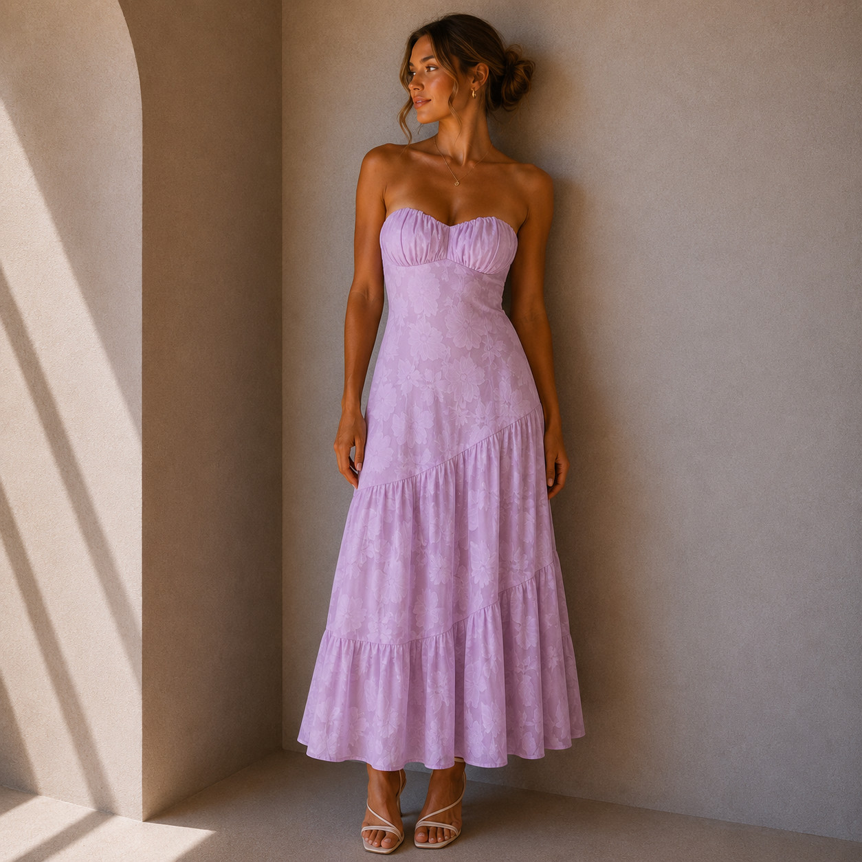 Hello Molly Strapless Sweetheart Midi Dress Womens Large Floral Tiered Lilac