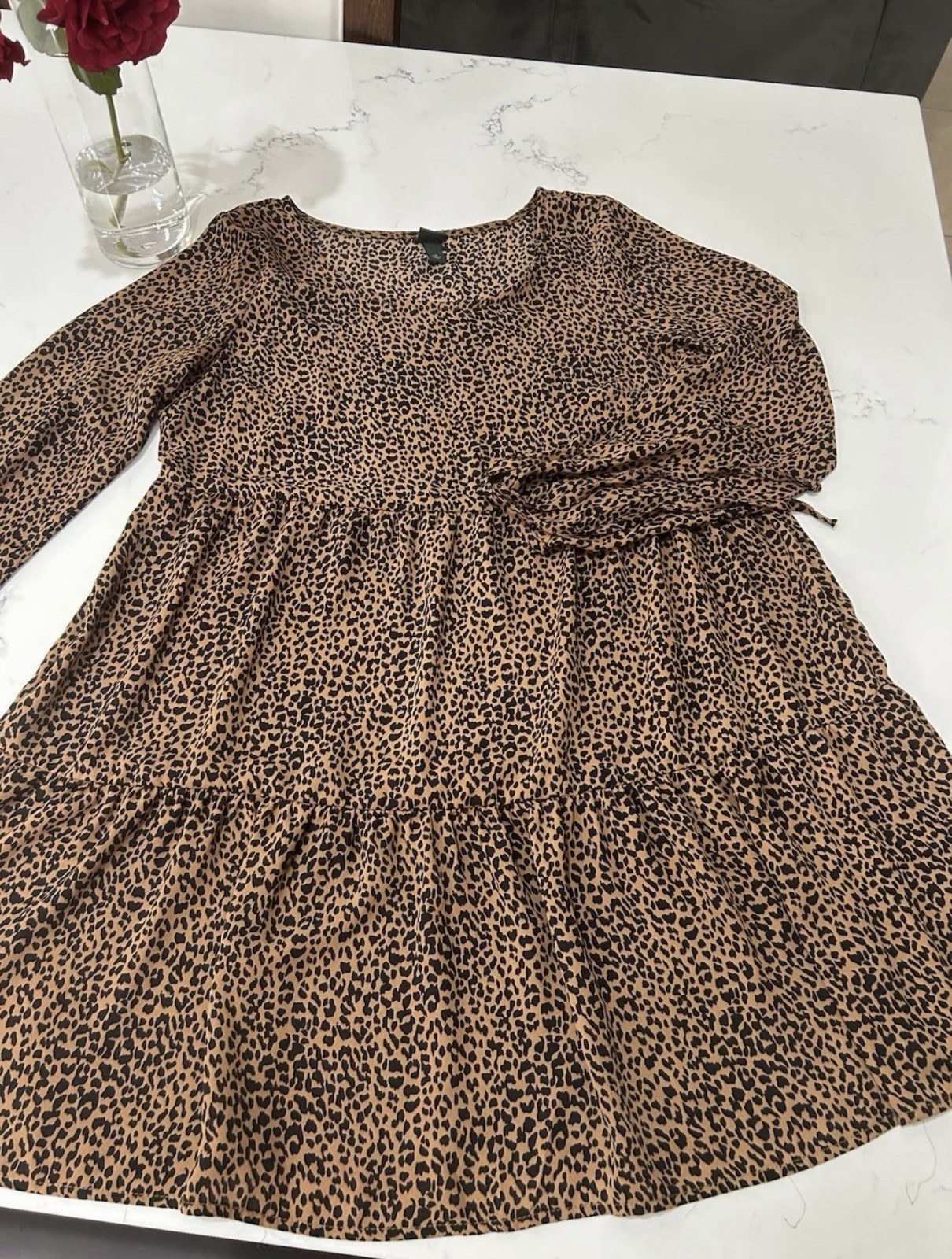 Wild Fable Women M Brown Black Animal Print Tiered Long Sleeve Mini Dress Boho