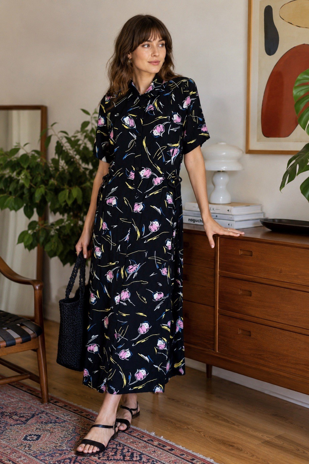 Bimba Y Lola Dress S Abstract Floral Midi Black Pink Artsy Belted