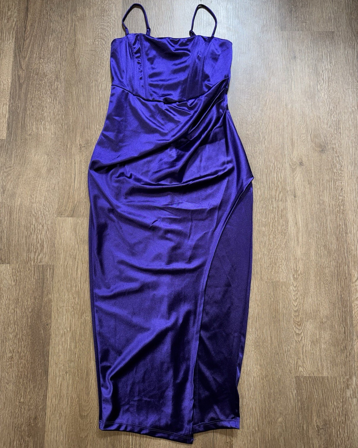 Windsor Purple Satin Straight Neck Spaghetti Strap Ruched Maxi Dress Women M