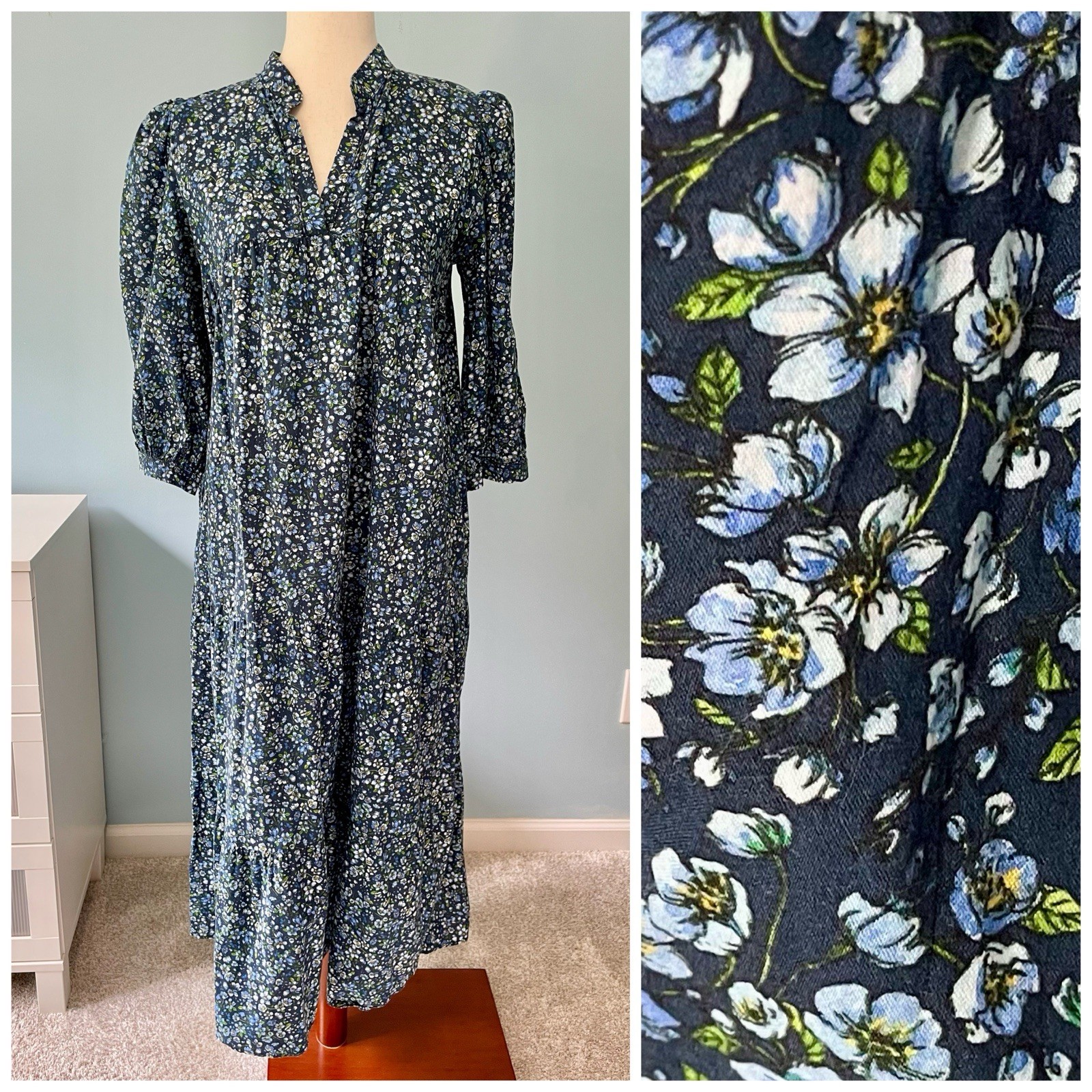 BEVERLY DRIVE Beverly Drive Cotton Lawn Midi Day Gown Dress Blue Floral Sz Med