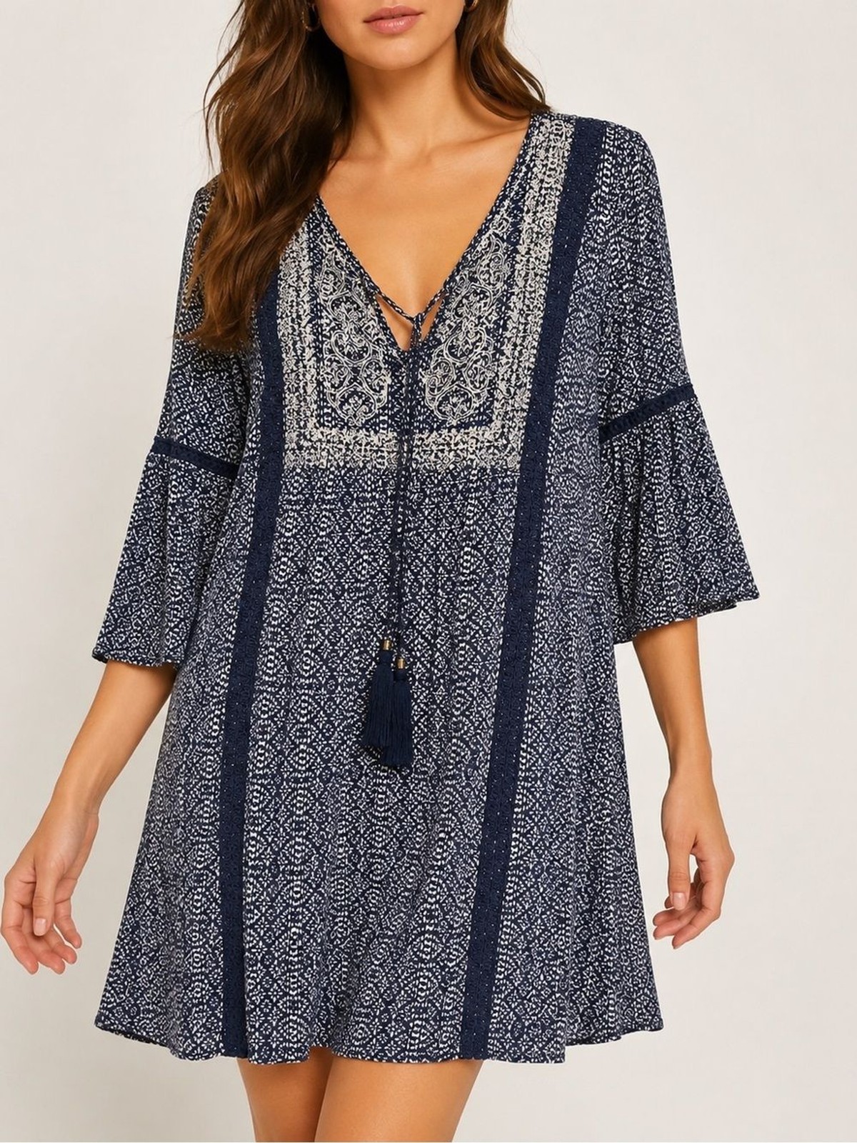 Artesia Navy Ivory Boho Embroidered Bell Sleeve Tassel Dress XS