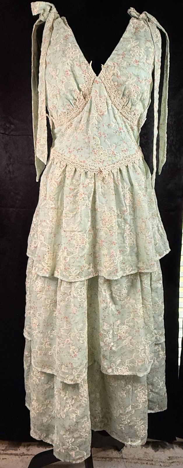Just Me Mint Green Floral Lace Tiered Midi Dress Size Small Romantic Cottagecore
