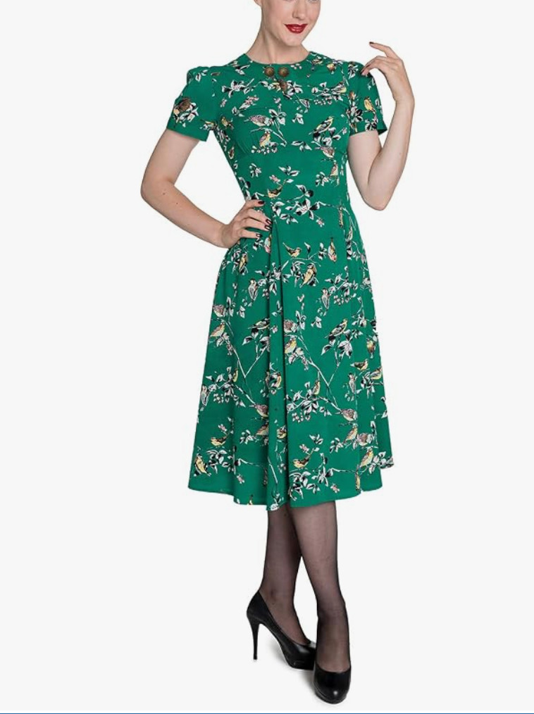 Hell Bunny Vixen Dress Birdy Dress Retro Empire Waist Pleats 3X UK 20 Rockabilly