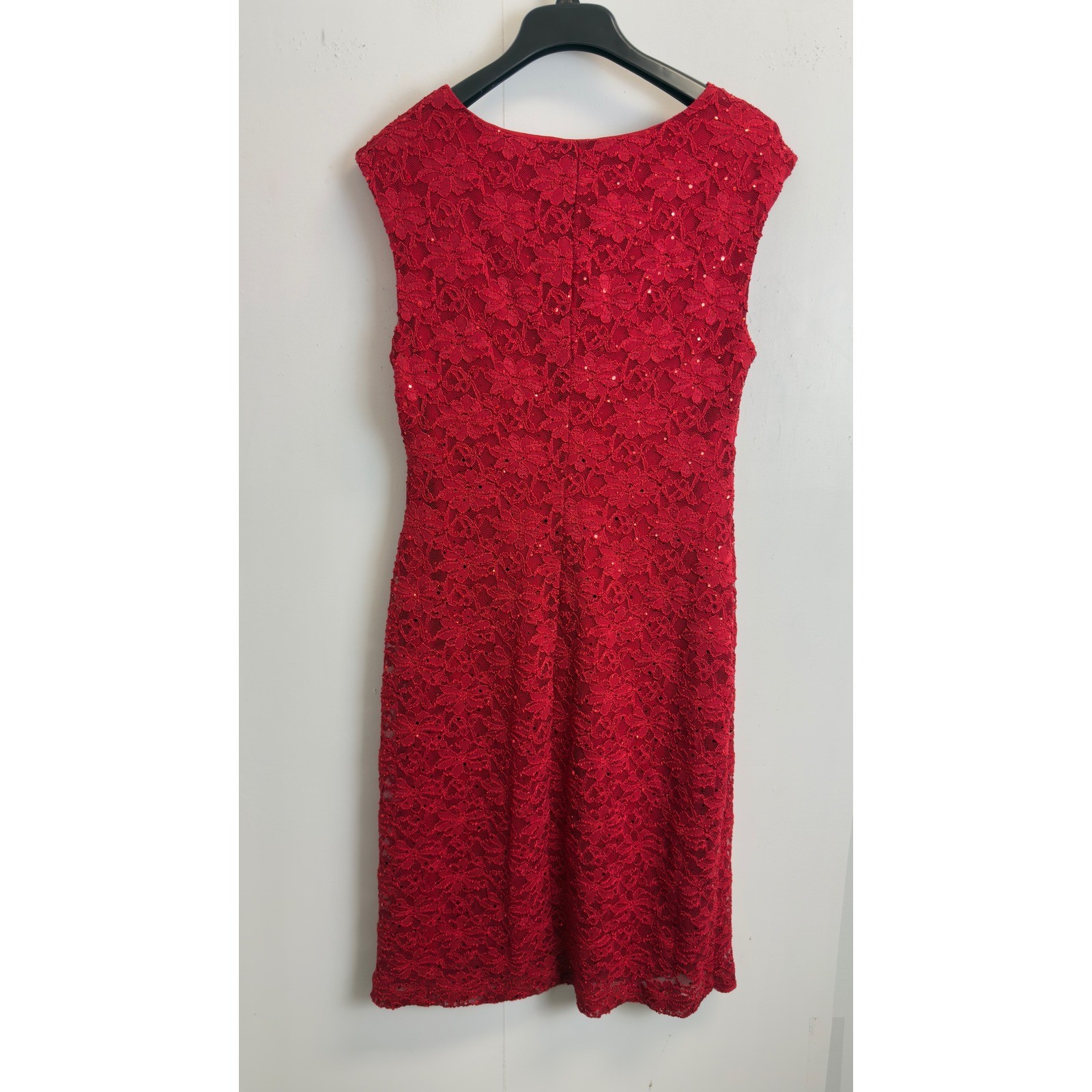 Connected Apparel Red Lace Sequin Cowl Neck Ruched Sheath Dress Womens 14