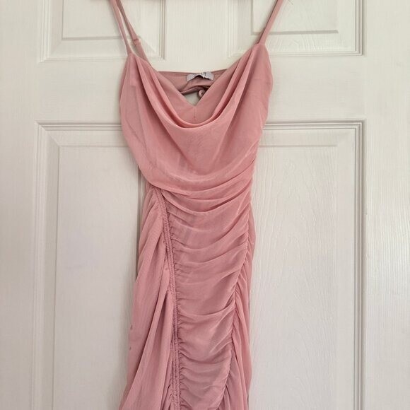 OH POLLY cowl neck ruched bodycon form fitting mini dress – Pink XS -Size 0