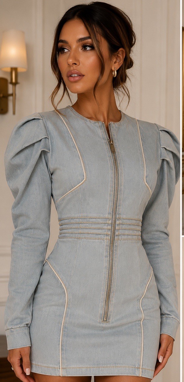 Milano Di Rouge Bday Dress Body Con Mini Puff Long Sleeve Stretch Denim Size XS