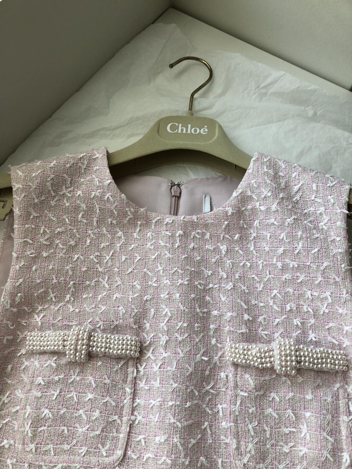 Women Self-Portrait Round Neck Pearl Sleeveless A-line Mini Dress Pink