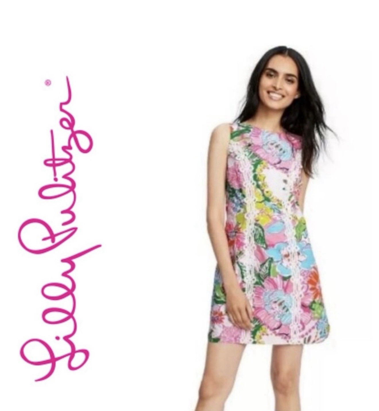 Lilly Pulitzer Pink Floral Shift Mini Dress Scoop Neck Lace Trim Zip Women 2
