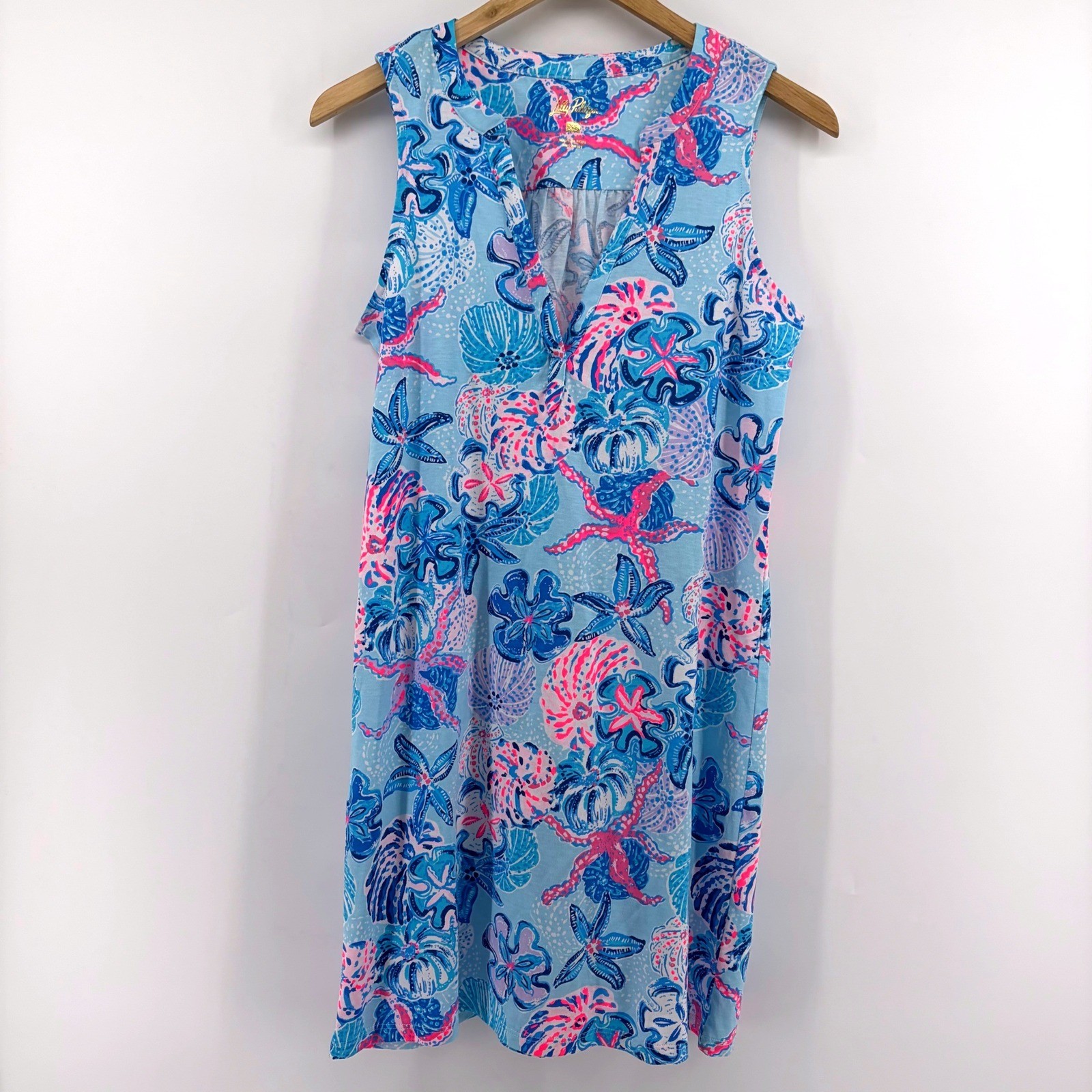 Lilly Pulitzer Women XS Blue Pink Starfish Shell Pima Cotton Sleeveless Dress
