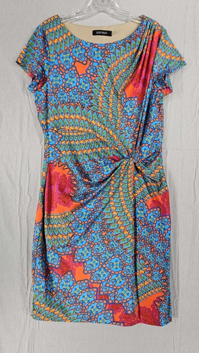 ELLEN TRACY Size 10P Petite Bright Floral Sheath Dress Twisted Ruched Waist