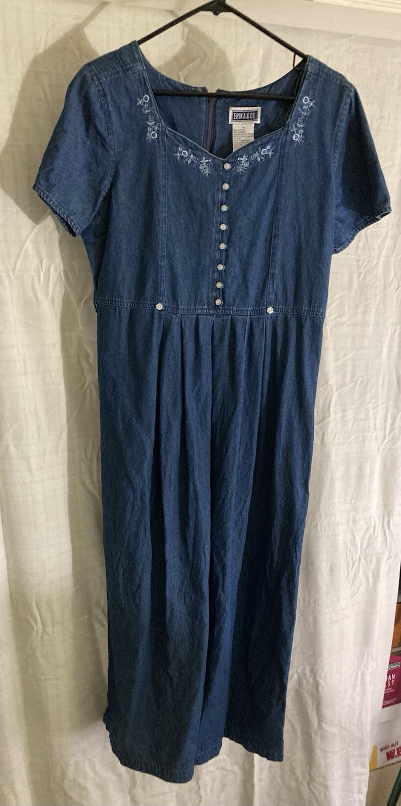 M VINTAGE cotton denim jean dress embroidered long flared skirt Buttons Short