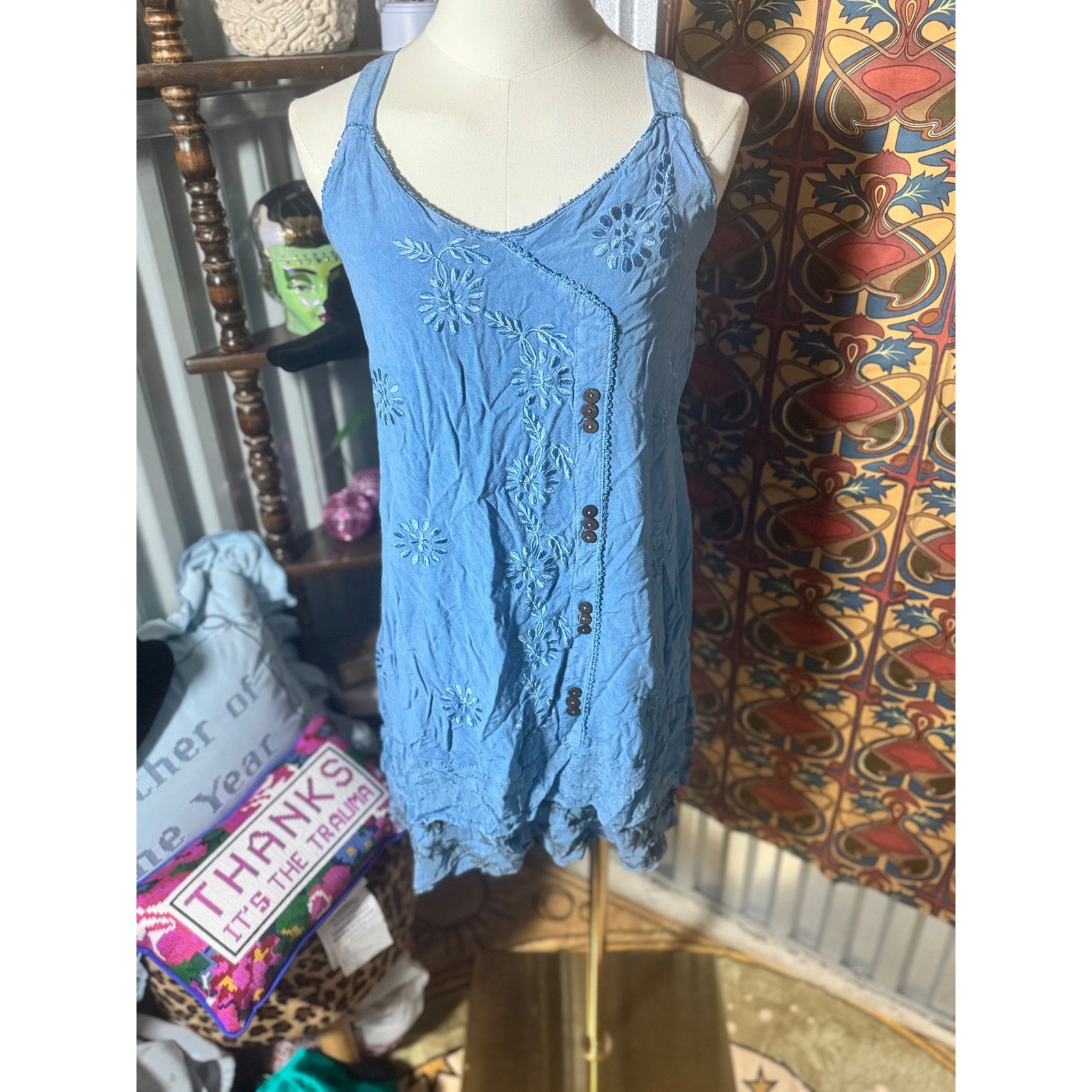 Raya Sun Embroidered Mini Dress Light Blue Sleeveless Boho Hippie Women’s M