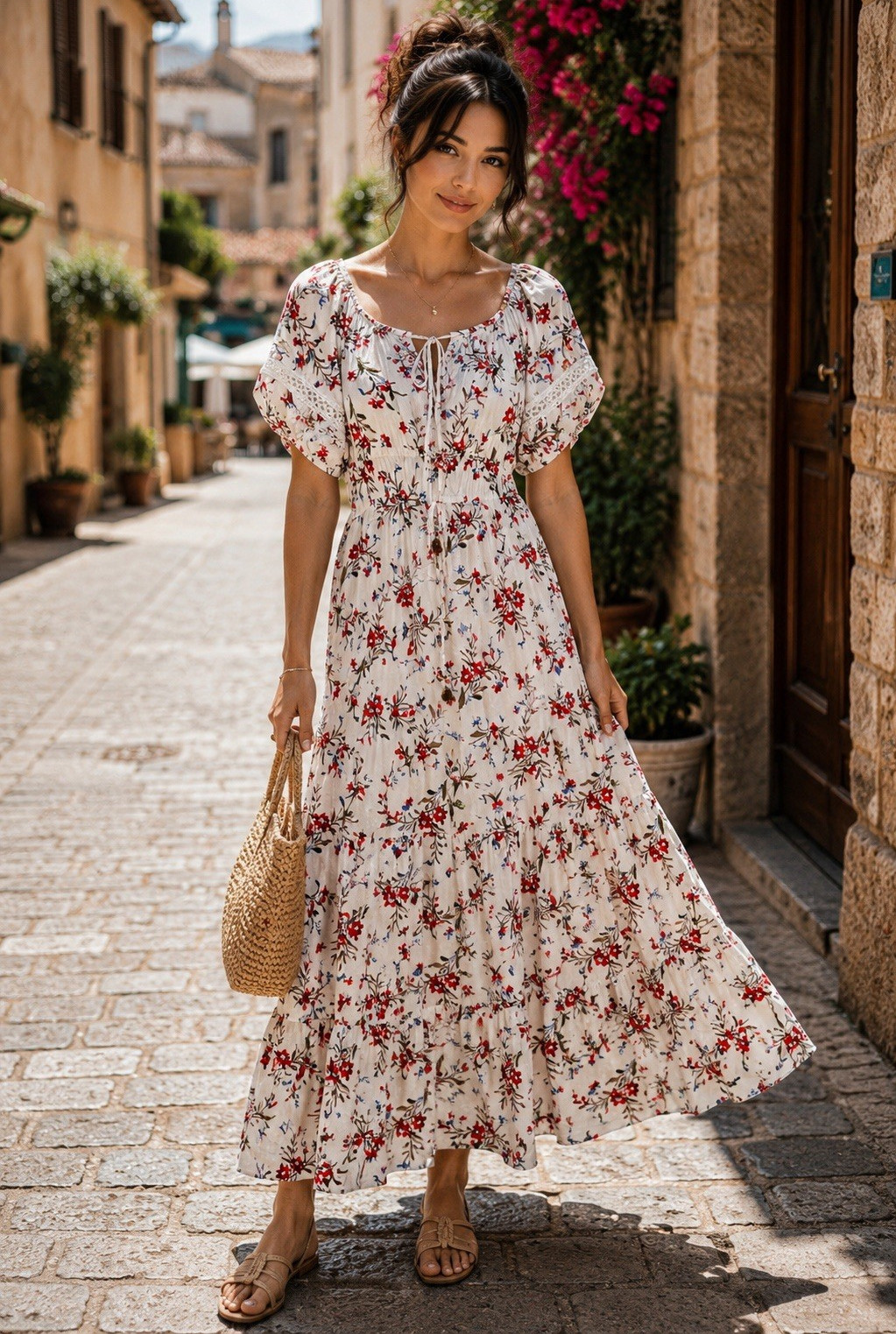 Kindred Women’s White Red Blue Green Floral Square Neck Lace Tie Maxi Dress S
