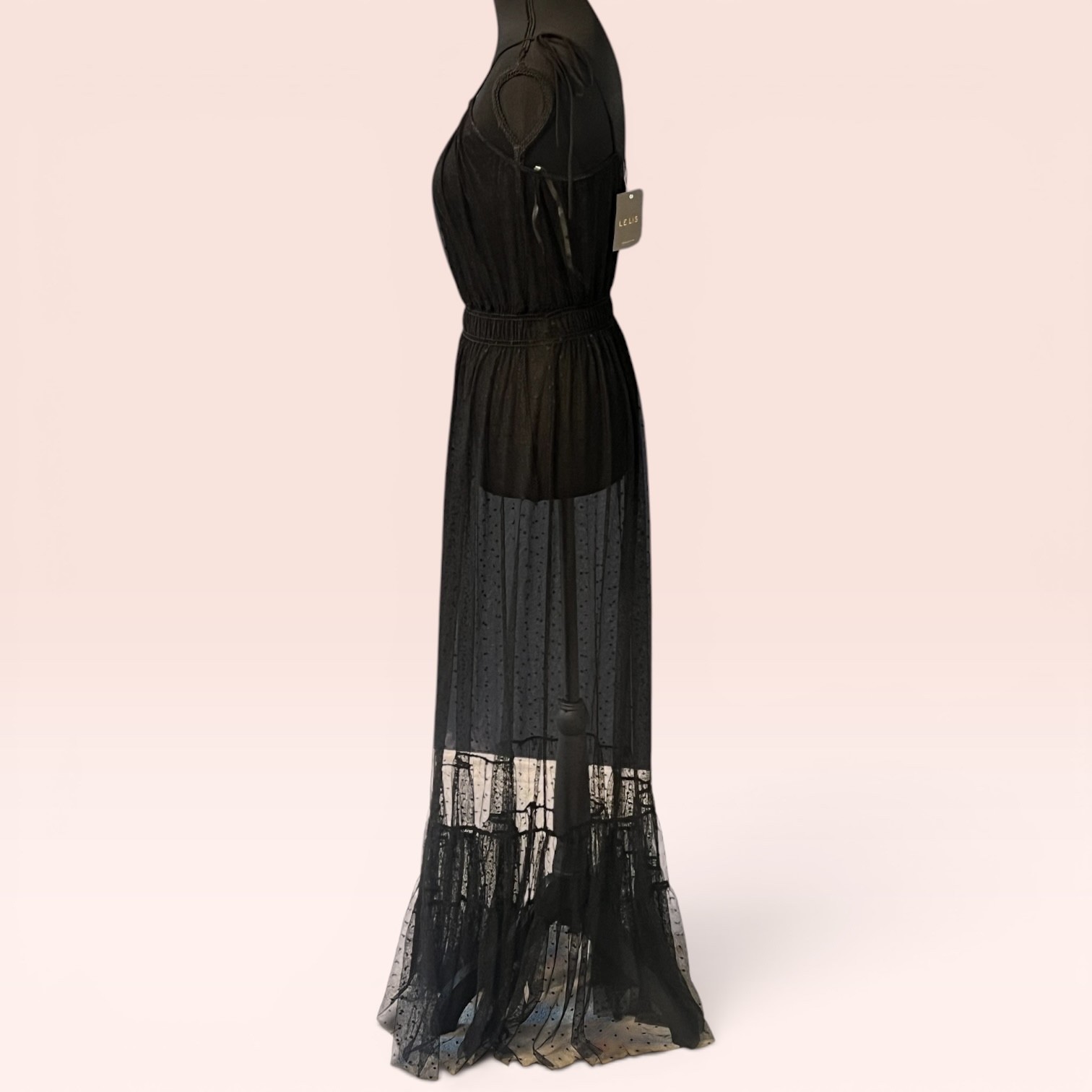 NWT LELIS Sheer Polka Dot Mesh Maxi Dress Black Gothic Tulle Tiered Ruffle USA M