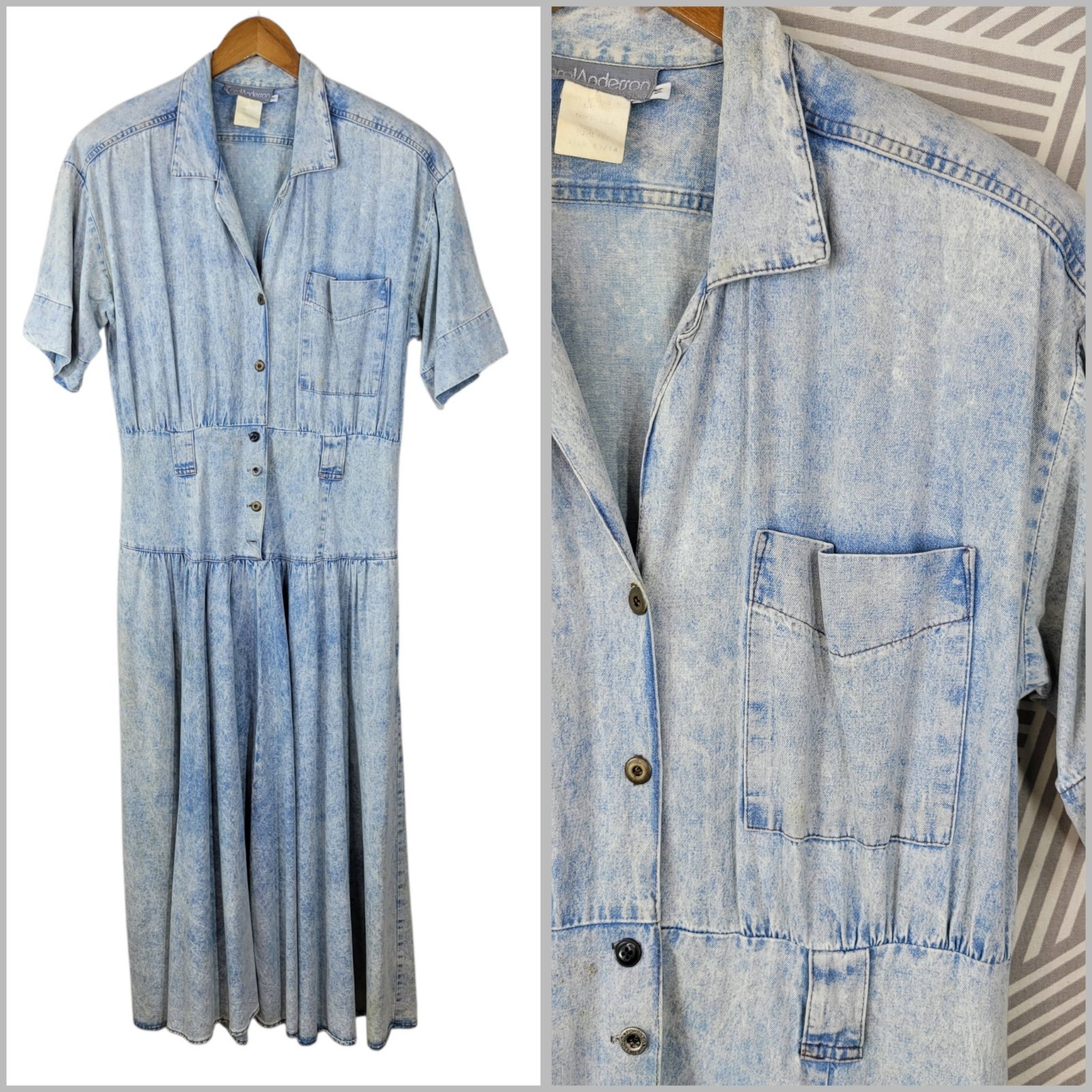 Vintage Carole Anderson Denim Shirt Dress 14 Jean Pockets Long Distressed Midi